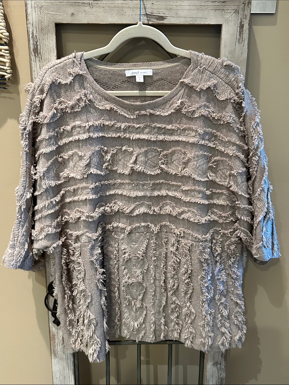 J. Jill Taupe Fringe Textured Knit Top